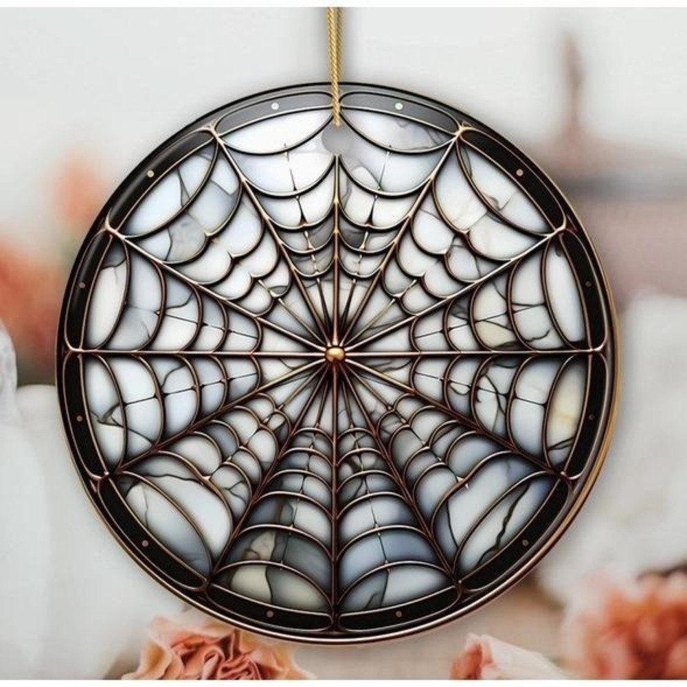 Golden Spider Web Stained Glass Style Ceramic Halloween Christmas Ornament